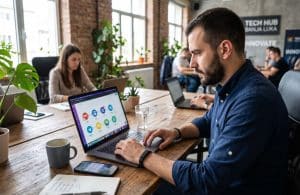 Preduzetnik radi na laptopu uz AI automatizaciju poslovnih procesa u Quo Room Banja Luka